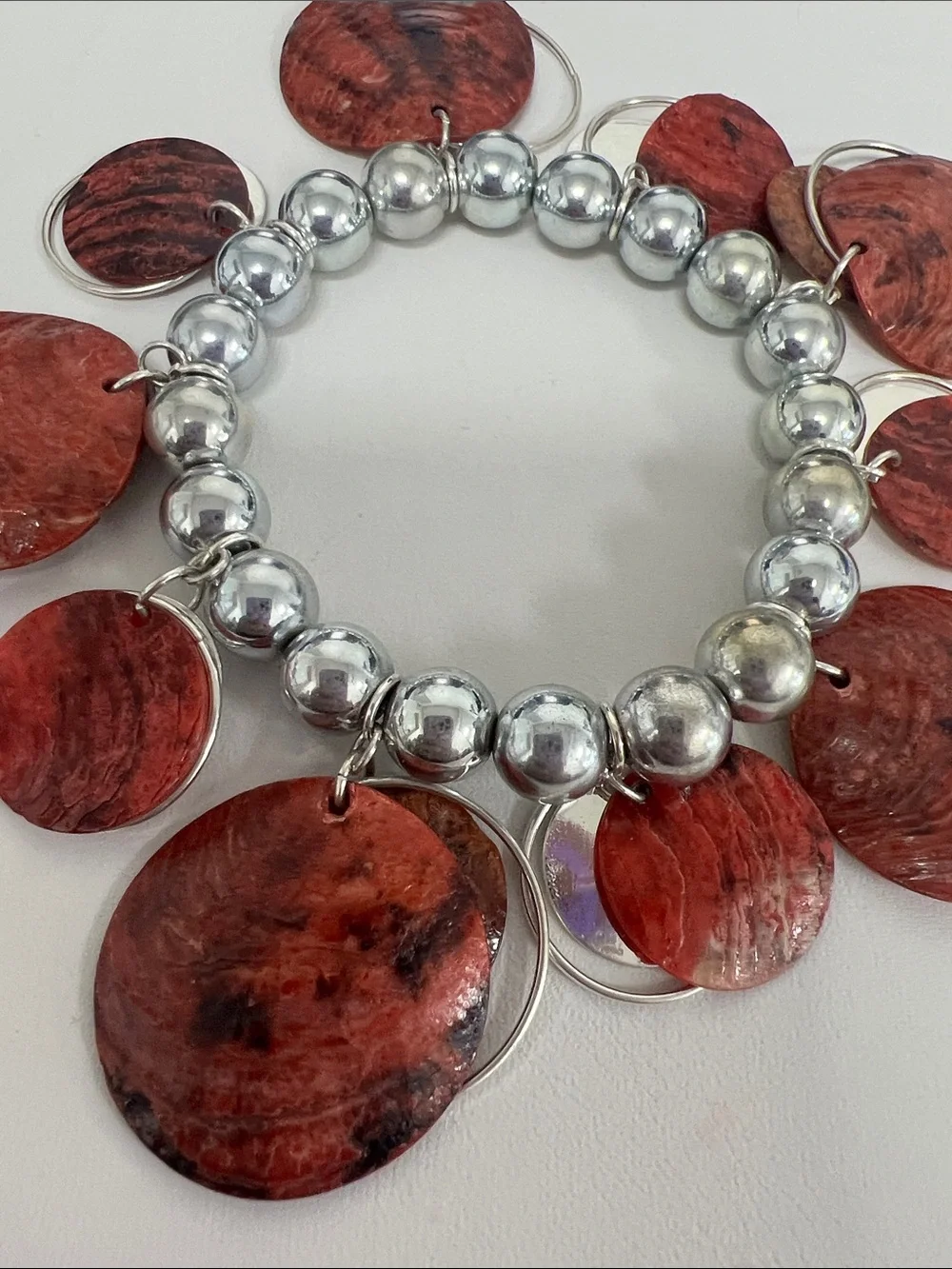 Silver Bead Bracelet with Red Shell Discs